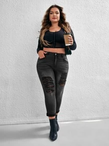 SHEIN Essnce Jeans ajustados desgarro bajo de doblez - Negro - Ver 5