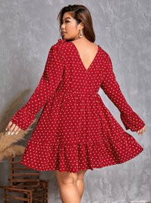 SHEIN Clasi Plus Confetti Heart Print Flounce Sleeve Ruffle Hem Dress - Burgundy - View 2