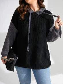 SHEIN LUNE Plus Two Tone Drop Shoulder Drawstring Hooded Sweater - Black - View 1