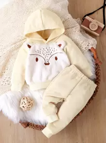 嬰兒卡通刺繡3D耳朵設計連帽衫和運動褲 - 杏色 - 查看 1