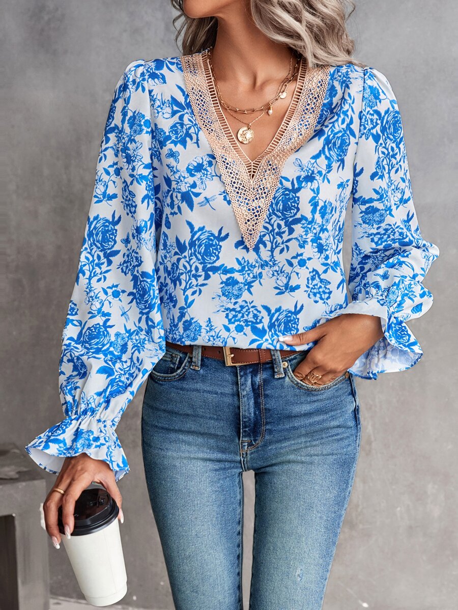 SHEIN LUNE 印花水溶蕾絲拼接荷葉袖襯衫 - 藍色 - 查看 1