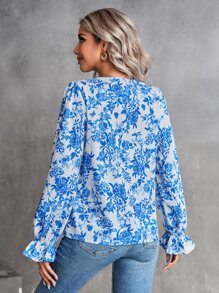 SHEIN LUNE 印花水溶蕾絲拼接荷葉袖襯衫 - 藍色 - 查看 2