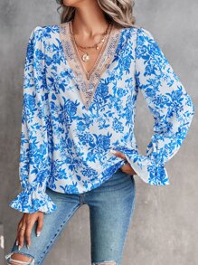 SHEIN LUNE 印花水溶蕾絲拼接荷葉袖襯衫 - 藍色 - 查看 6