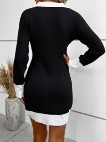 SHEIN Clasi Colorblock Bodycon Sweater Dress - Black and White - View 2