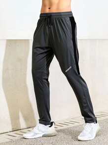 Fitness 男士字母圖案拼接側邊接縫腰部抽繩運動褲 - 深灰色 - 查看 3