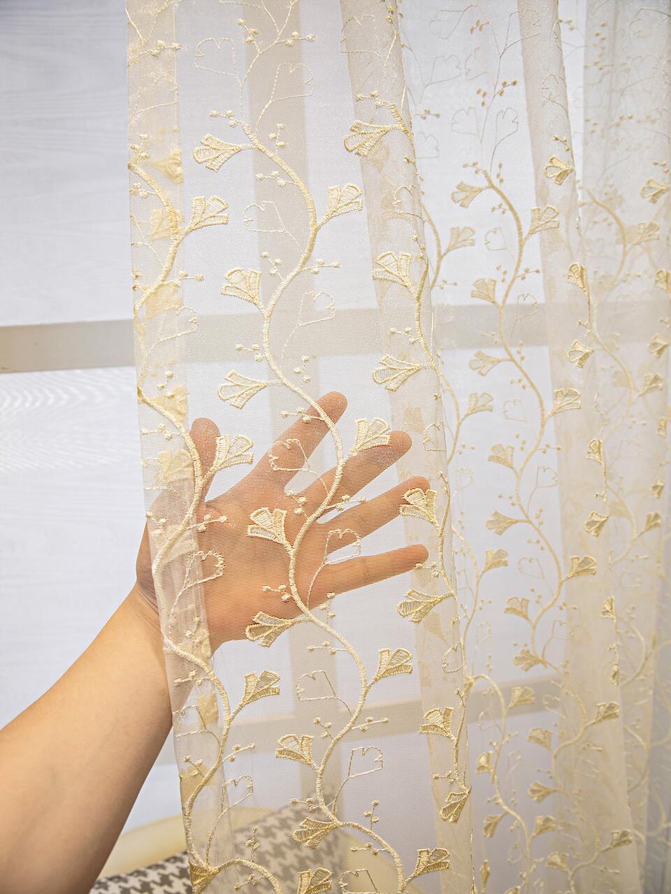 1pc Ginkgo Biloba Embroidered Single Curtain, Modern Polyester Single Panel Sheer Curtain For Home