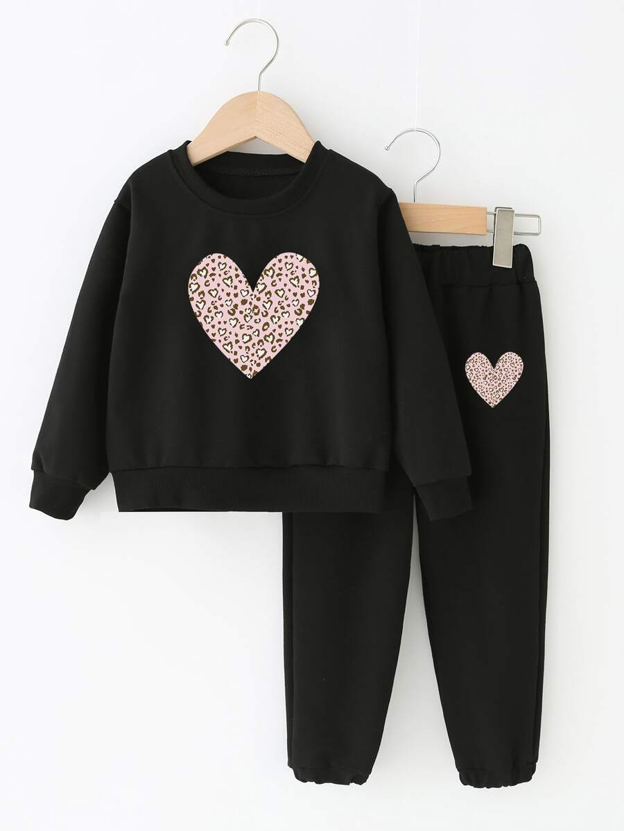 Toddler Girls Leopard And Heart Print Pullover & Joggers - Black - View 1
