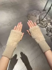 Fluffy Fingerless Gloves - Khaki - View 1