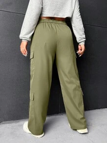 SHEIN EZwear 大碼高腰翻蓋口袋工裝褲 - 軍綠色 - 查看 4