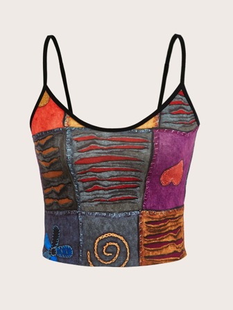 Grunge Top de tirantes corto con estampado de dibujo unido en contraste