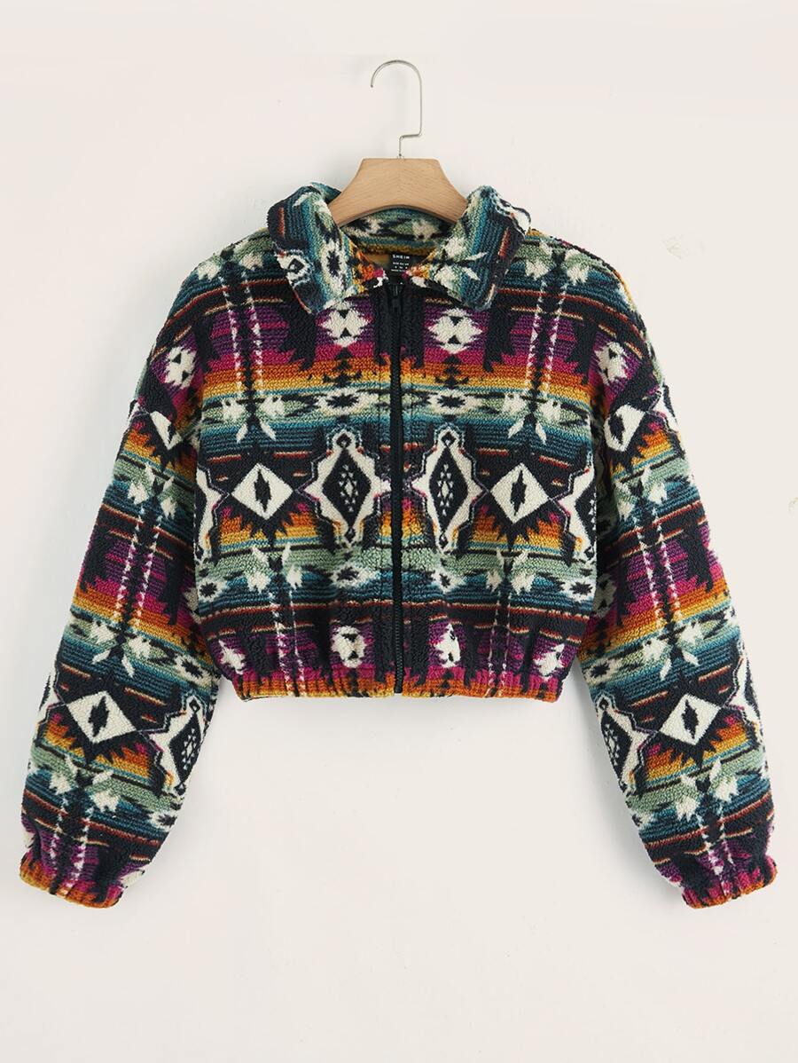 SHEIN EZwear Grunge Geo Pattern Drop Shoulder Shearling Jacket - Multicolor - View 1