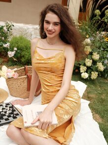 Đầm Vắt Xù Tách cao Hoa Thanh lịch - Màu vàng - Xem 1