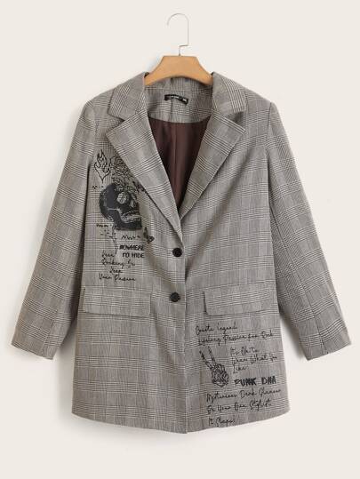 SHEIN Plus Slogan & Plaid Print Lapel Neck Blazer