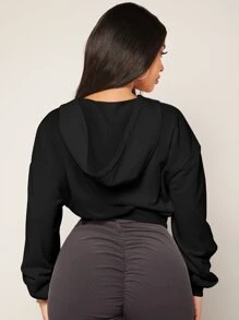 SHEIN SXY 落肩袖抽繩短款連帽衫 - 黑色 - 查看 2