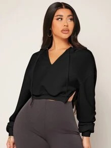 SHEIN SXY 落肩袖抽繩短款連帽衫 - 黑色 - 查看 3