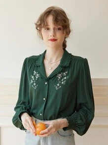 Simple Retro Áo sơ mi nữ Thêu viền lá sen Nút phía trước Hoa Thanh lịch - Màu xanh lá cây đậm - Xem 4