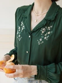 Simple Retro Áo sơ mi nữ Thêu viền lá sen Nút phía trước Hoa Thanh lịch - Màu xanh lá cây đậm - Xem 5