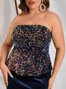 Plus Split Thigh Sequin Tube Prom Dress - Black - View 5