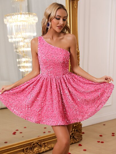 Single-Shoulder Sleeveless Sparkling Sequin Mini A-Line Party Dress For Summer Evening Events