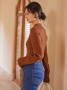 DAZY Jersey de cuello alto de hombros caídos - Óxido marrón - Ver 7