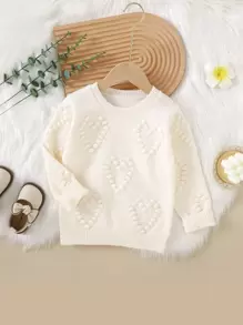 Toddler Girls Heart Pattern Popcorn Knit Jumper - Beige - View 1