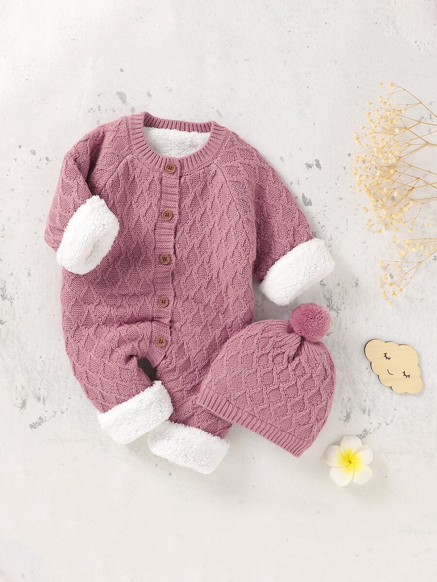 Baby Button Through Thermal Knit Jumpsuit With Hat - Pink - View 1