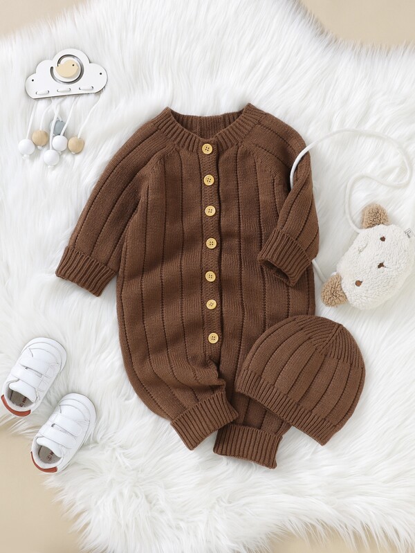 Baby Boy Button Front Raglan Sleeve Knit Jumpsuit & Hat