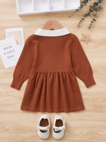 Baby Contrast Collar Fake Button Jumper Dress - Coffee Brown - View 2