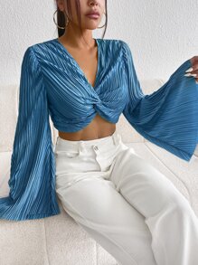 SHEIN Privé Twist Front Flounce Sleeve Plisse Crop Top - Dusty Blue - View 4