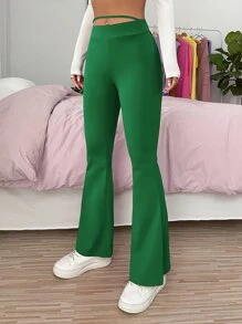 SHEIN PETITE Cut Out Waist Flare Leg Trousers - Green - View 4