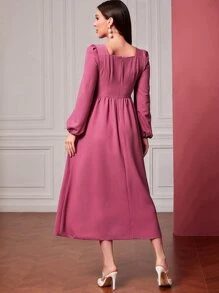 Modelyn Square Neck Ruched Lantern Sleeve Dress - Pink - View 2