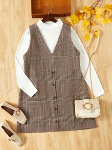 SHEIN Unity Plus Mock Neck Tee & Plaid Print Vest Dress - Multicolor - View 1
