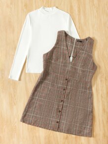 SHEIN Unity Plus Mock Neck Tee & Plaid Print Vest Dress - Multicolor - View 4