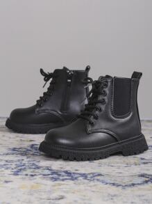 Girls Lace-up Front Zipper Side Chelsea Boots - Black - View 4