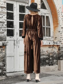Rusttydustty Colourblock Wide Leg Velvet Jumpsuit - Coffee Brown - View 2
