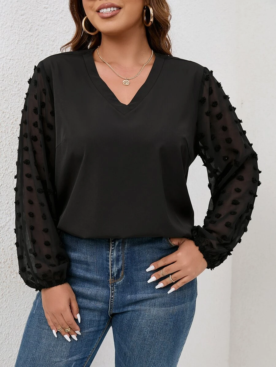 SHEIN LUNE Áo sơ mi Plus Size Đề can màu trơn Giải trí - màu đen - Xem 1