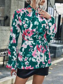 Aveloria Tie Neck Floral Print Belted Blouse