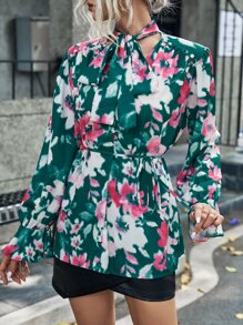 Aveloria Tie Neck Floral Print Belted Blouse