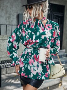 Aveloria Tie Neck Floral Print Belted Blouse