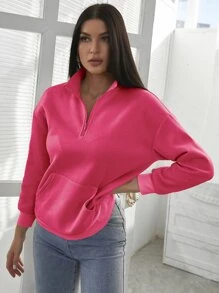 SHEIN EZwear Quần áo thể thao nữ Túi Dây kéo màu trơn Giải trí - Màu Hồng Tươi - Xem 4