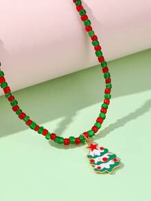 Girls Christmas Tree Charm Beaded Necklace - Multicolor - View 1