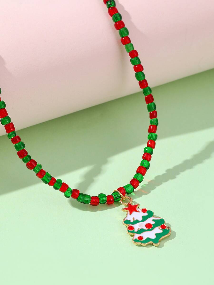 Girls Christmas Tree Charm Beaded Necklace - Multicolor - View 1
