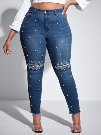 Plus High Waist Pearls Beaded Ripped Raw Hem Skinny Jeans