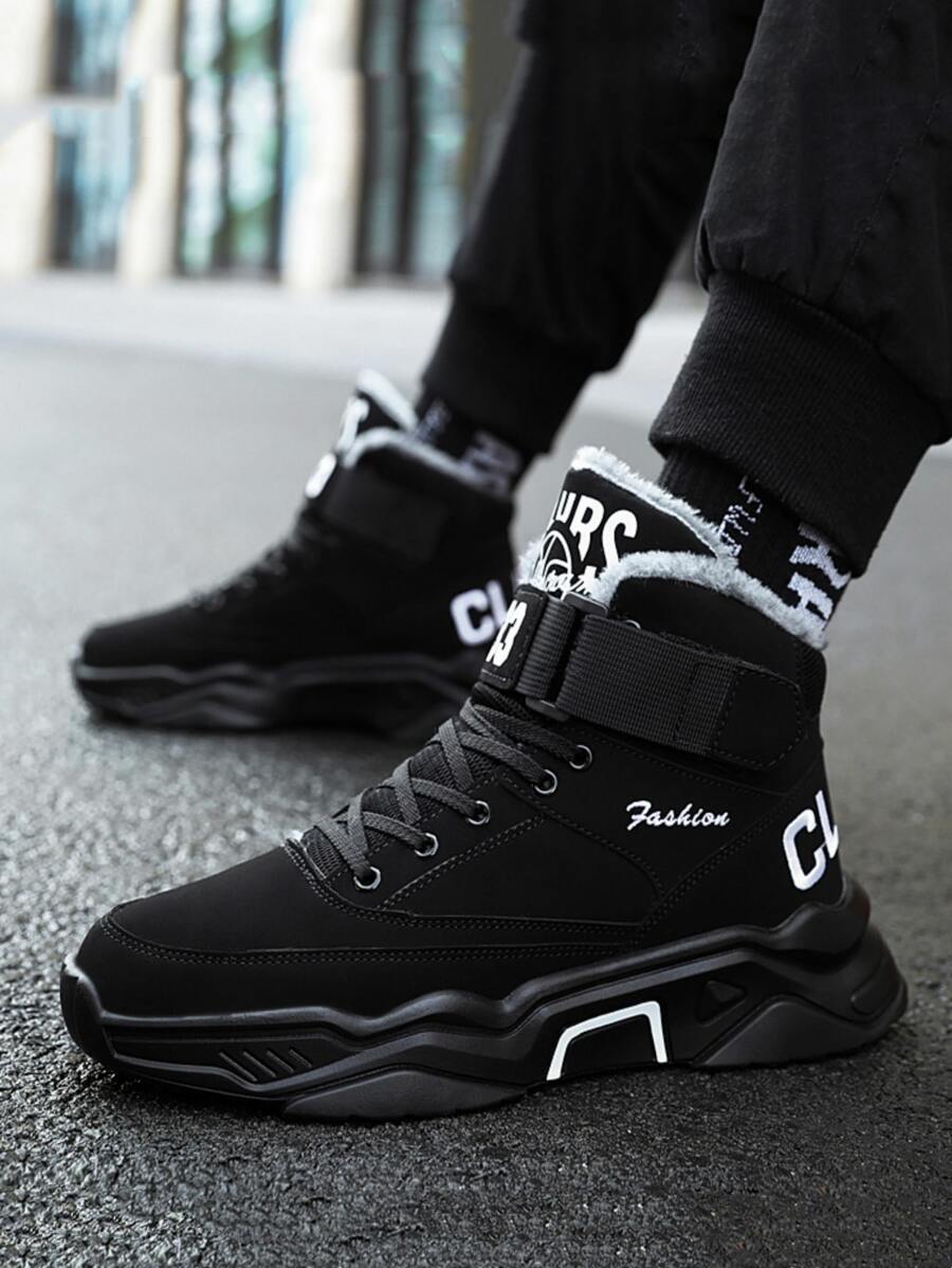 男士字母圖案高幫加絨內裏老爹鞋