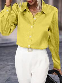 SHEIN Clasi Satin Jacquard Puff Sleeve Shirt - Yellow - View 3