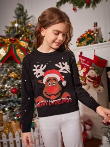 SHEIN Niñas Jersey con patrón de Navidad - Negro - Ver 3