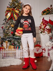SHEIN Niñas Jersey con patrón de Navidad - Negro - Ver 5