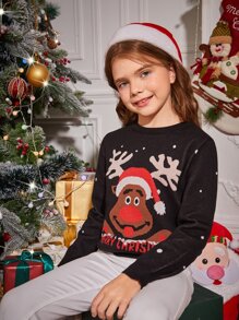 SHEIN Niñas Jersey con patrón de Navidad - Negro - Ver 6