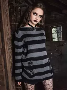 ROMWE Goth Suéter desgastado con patrón de rayas, parte superior de manga larga - Multicolor - Ver 5