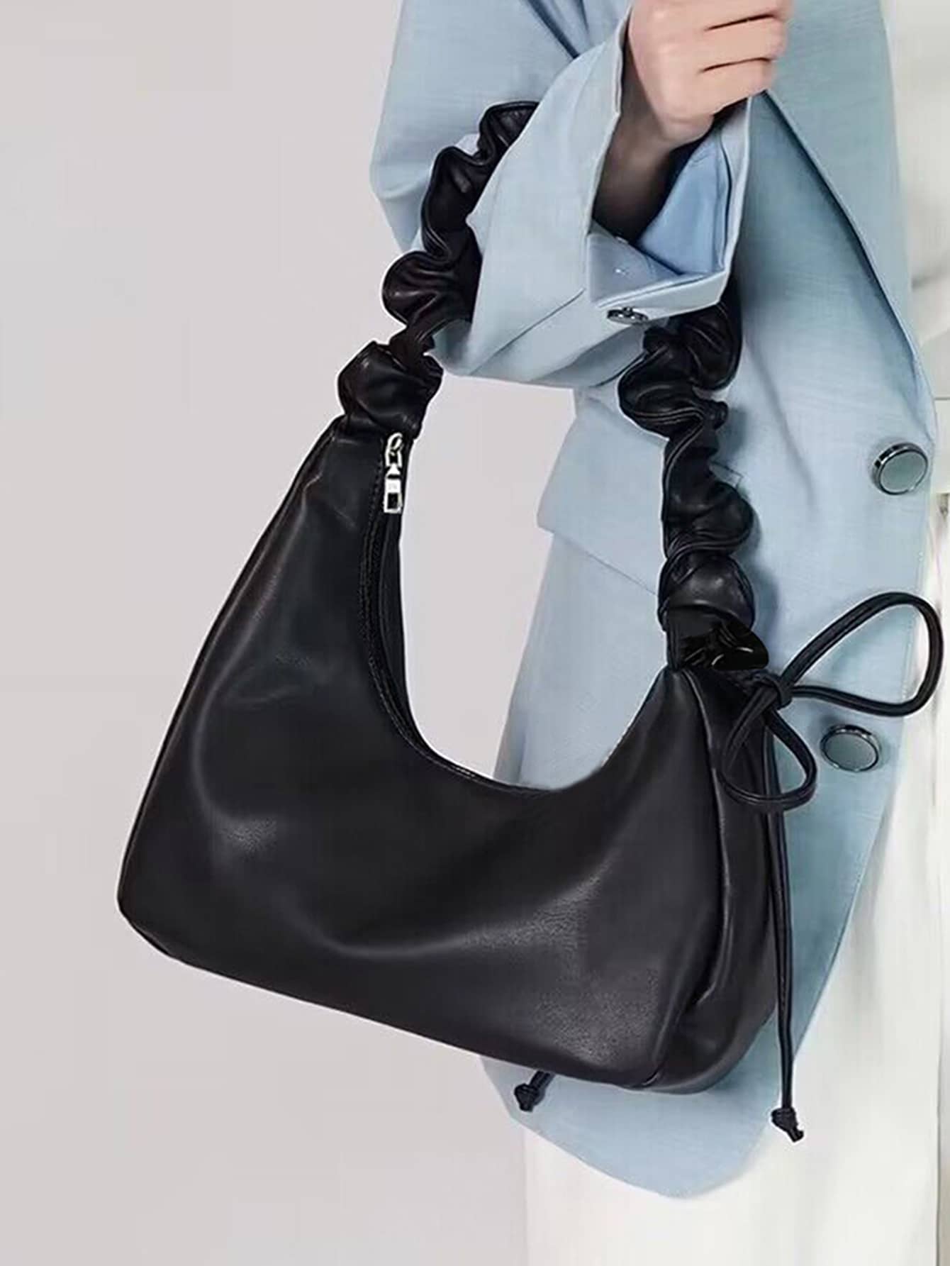 Drawstring Detail Hobo Bag - Black - View 1